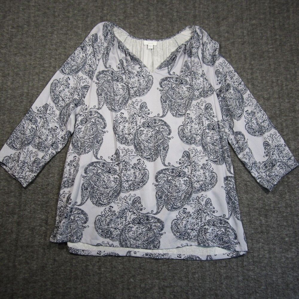 Pure J Jill Tunic Blouse Womens Medium‎ Petite Paisley Print V Neck Shirt Silky